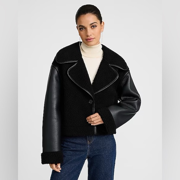 NWT Black Shearling & Leather Jacket sheep coat superdown anja bomber l’academie - Picture 2 of 10